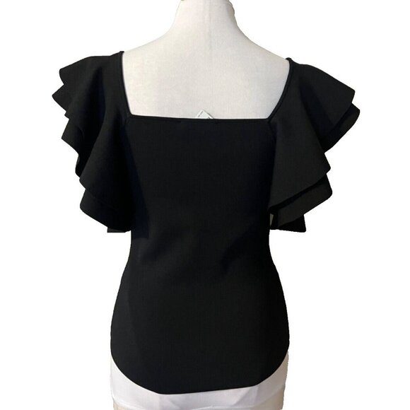 INC Top S Small Black Short Flutter Ruffle Sleeves Stretch Square Neck NWT - Picture 2 of 10